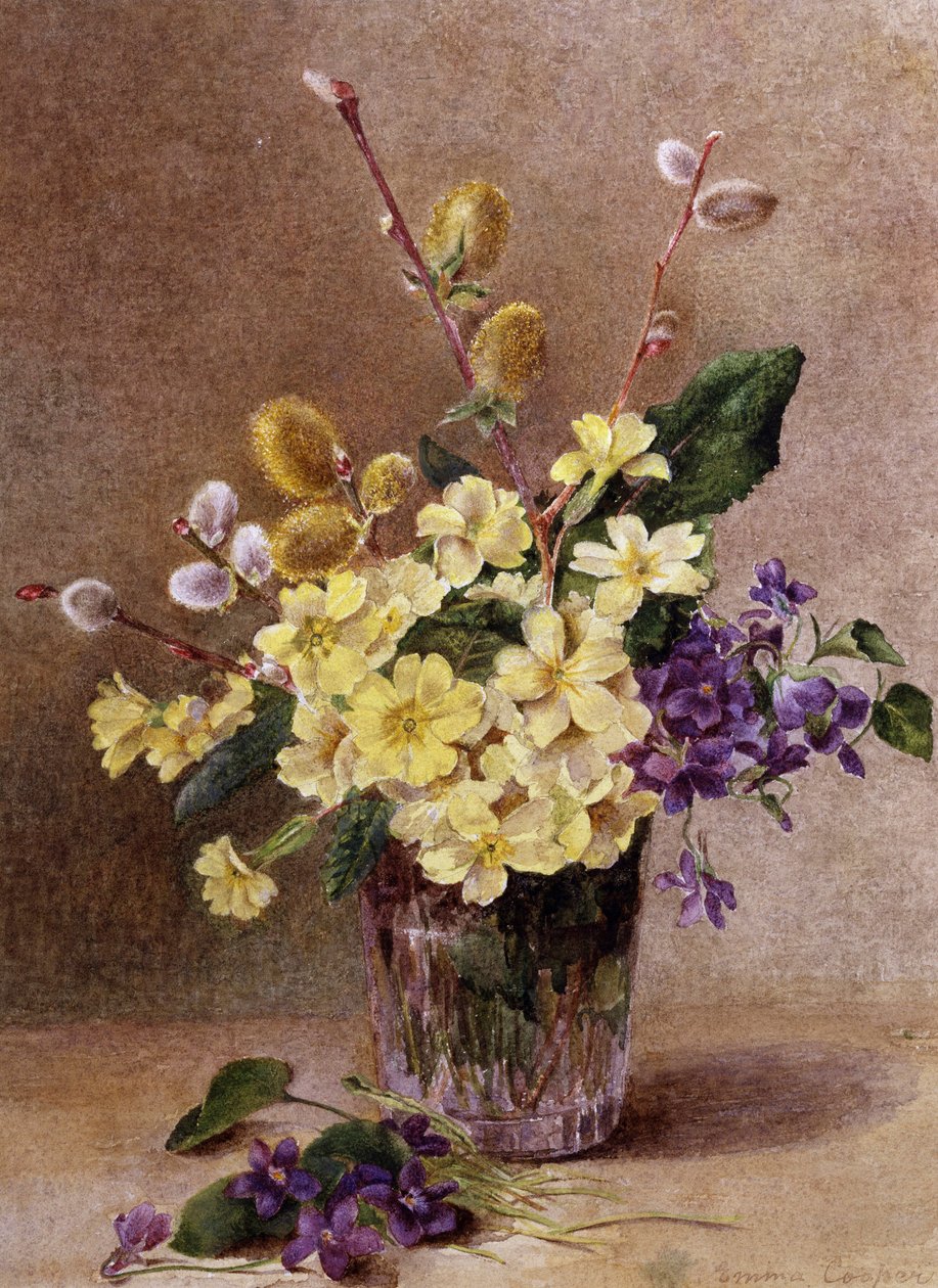 Vårblomster (inkludert pilegrener). Maleri av Emma Cooper (1837–1912). Privat samling. av Emma Cooper