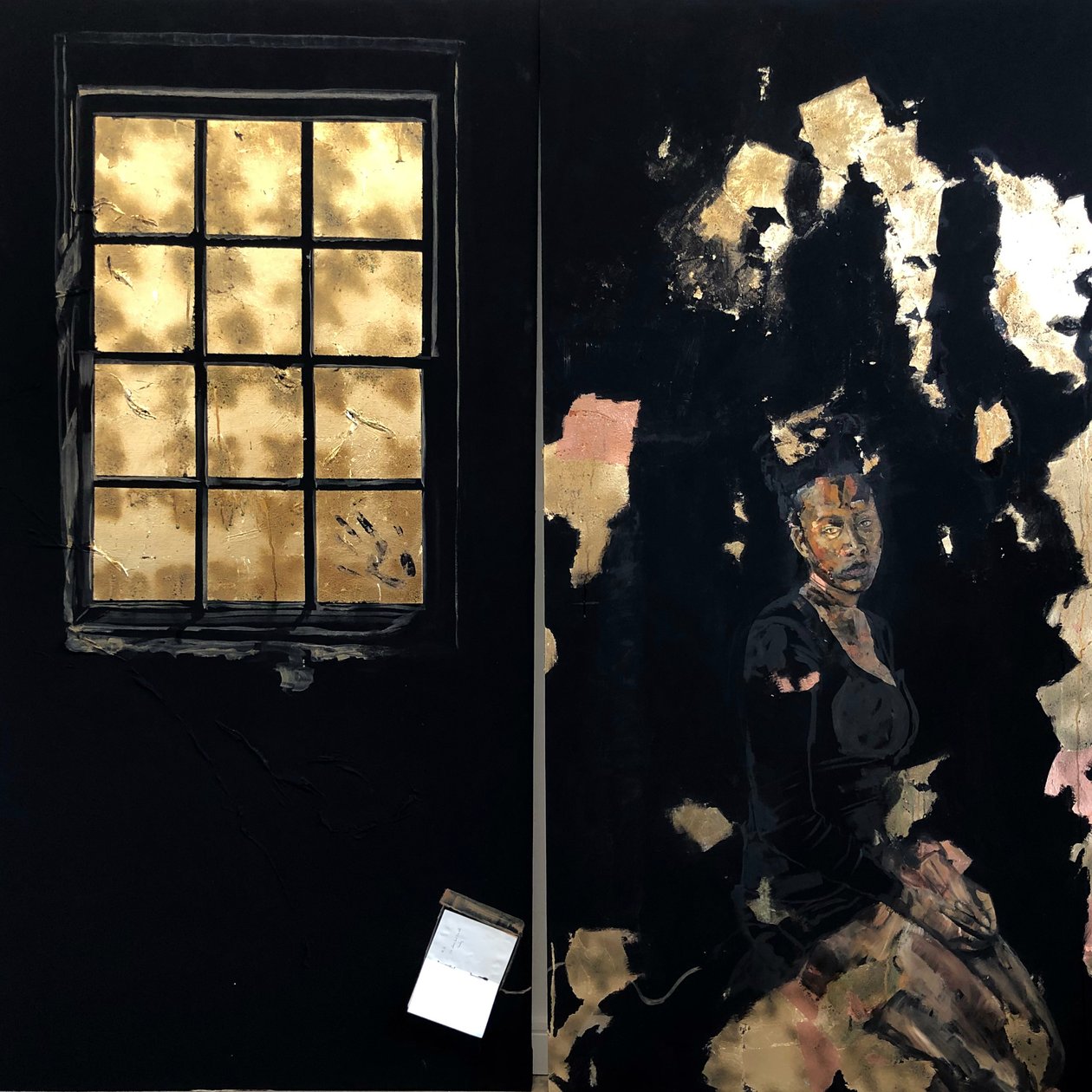 Limbo Diptych, 2021 (olje, akryl, varmeoverføringstrykk og imitert bladgull) av Emma Prempeh