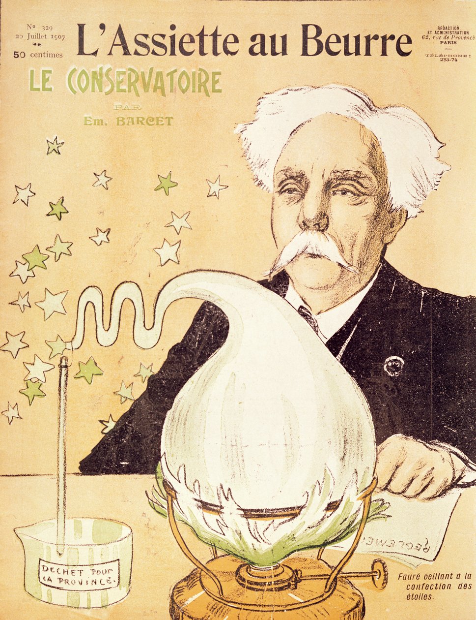 Karikatur av Gabriel Faure (1845-1924) som skaper stjerner, fra 'L'Assiette au Beurre', 20. juli 1907 av Emmanuel Barcet