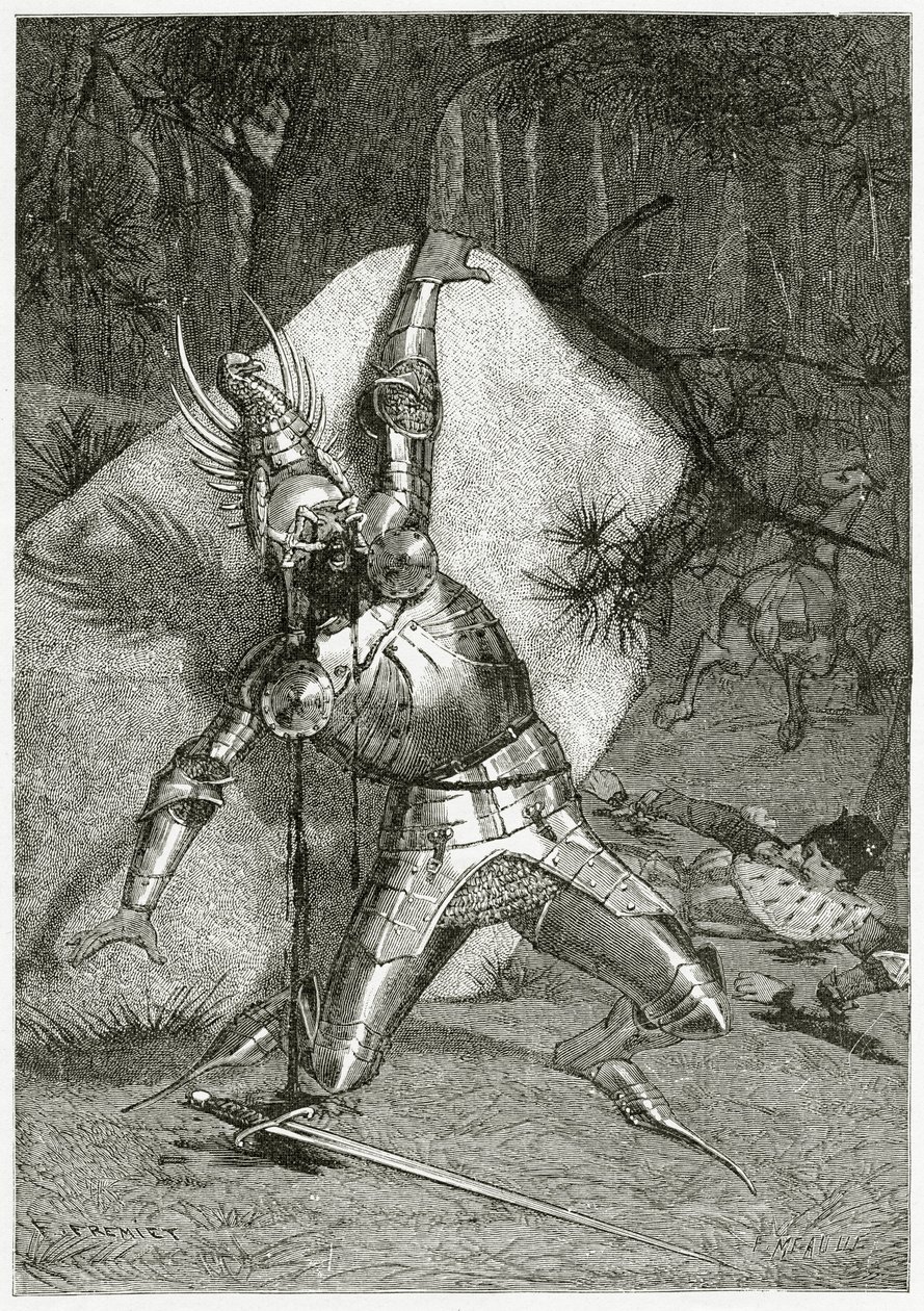 Tiphaine blindet av sin bronseørn, 1800-tallet (bw-gravering) av Emmanuel Fremiet