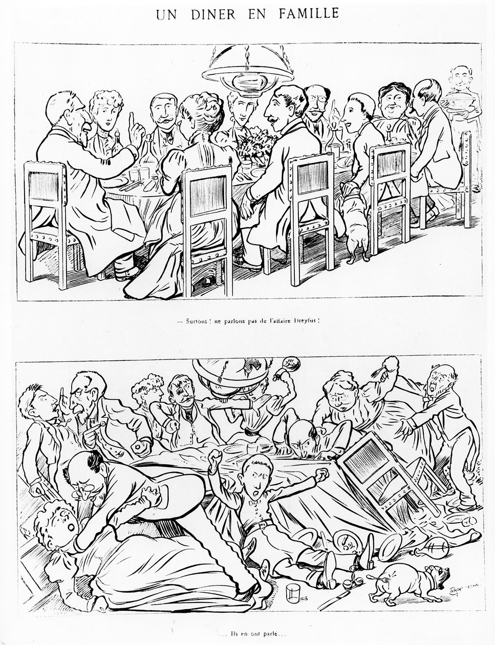 Karikatur av en familiemiddag før og etter å ha snakket om Dreyfus-affæren, ca. 1894 av Emmanuel Poire Caran D