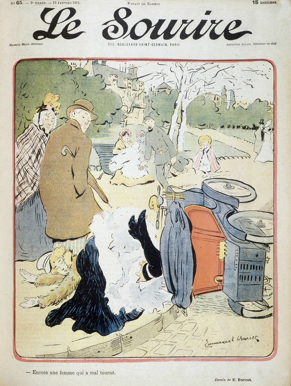 Bilulykke: "En annen kvinne som går galt."" Illustrasjon av Emmanuel Barcet (1870-1940) - i "" Le Smile"" fra 19.01.1901 av Emmanuel Barcet