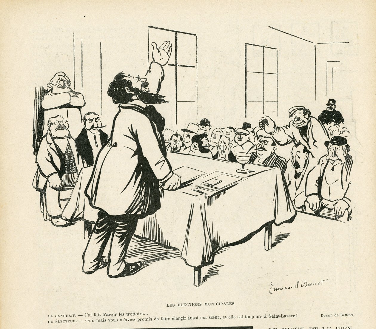 Illustrasjon av Emmanuel Barcet (1870-1940) i Le Rire, 09/05/08 - Kommunevalg - Valg, Politisk møte, møte, valgmøte, kommunevalg av Emmanuel Barcet