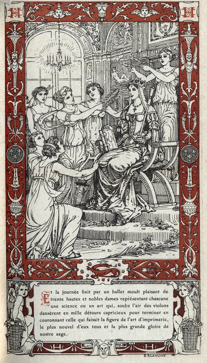 Ballett i slottet i Fontainebleau hvor damene ved hoffet til kong Henry II (1519 - 1559) hver representerer en vitenskap eller kunst. Gravering av 1914 av Emmanuel Blanche (1880-1946).DR Privat samling. av Emmanuel Blanche