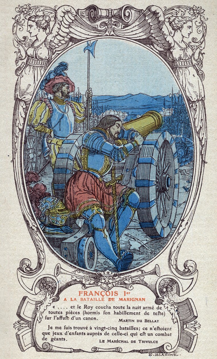Kongen av Frankrike Francois I (1494-1547) i slaget ved Marignan 13. og 14. september 1515. Gravering av 1914 av Emmanuel Blanche (1880-1946).DR Privat samling. av Emmanuel Blanche