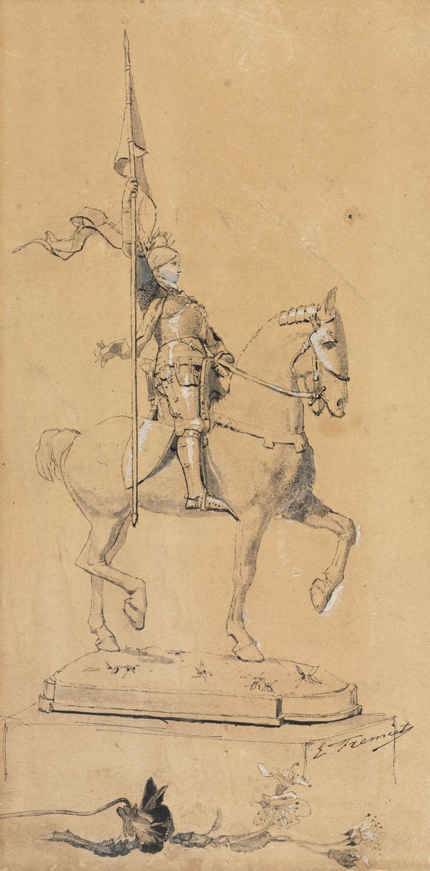 Jeanne d#39;Arc til hest, ca. 1889-1899 (penn og svart blekk, blekkvask og hvit forhøyning) av Emmanuel Fremiet