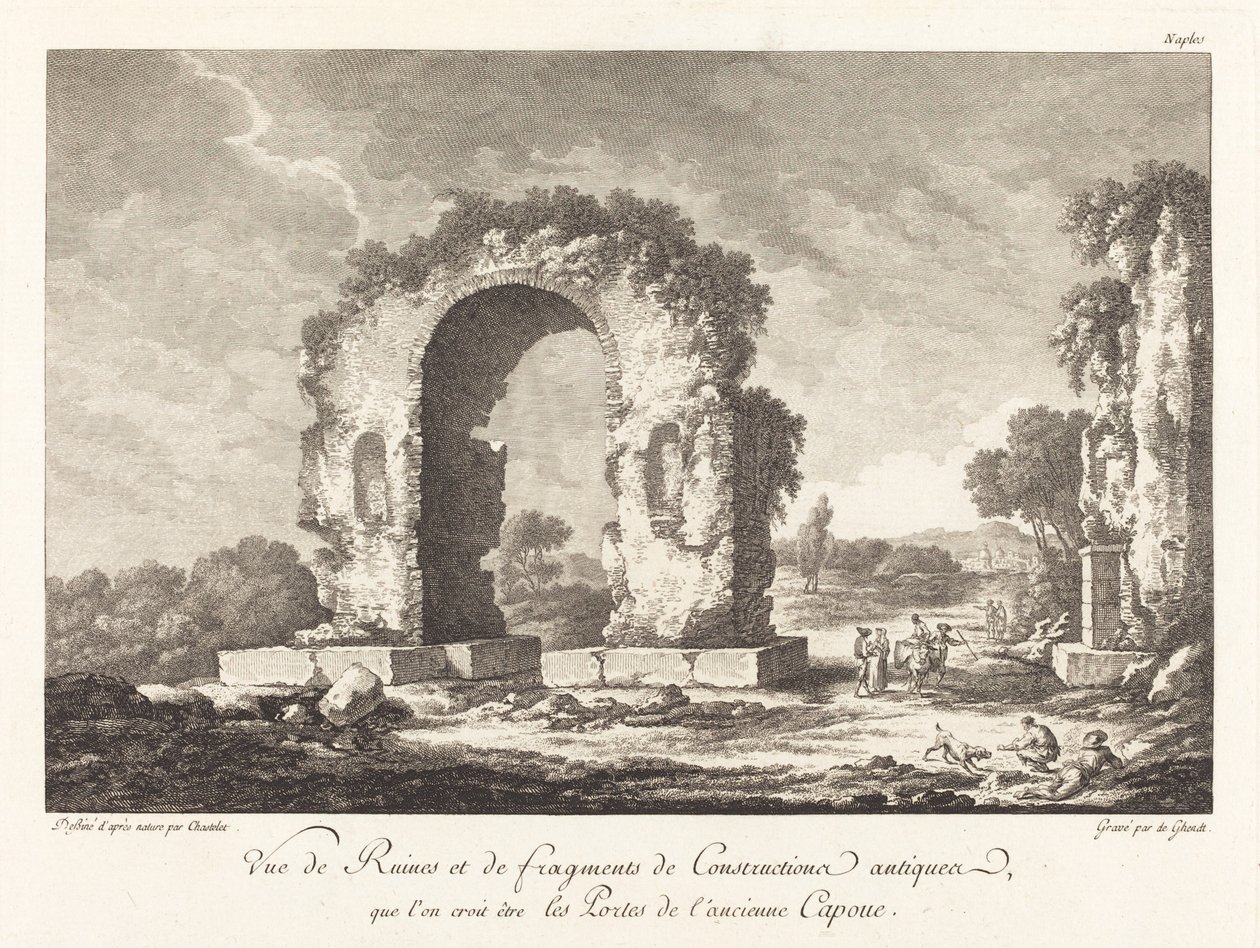 Utsikt over ruiner og fragmenter av eldgamle konstruksjoner ... av antikkens Capua av Emmanuel Jean Nepomucène de Ghendt after Claude Louis Châtelet