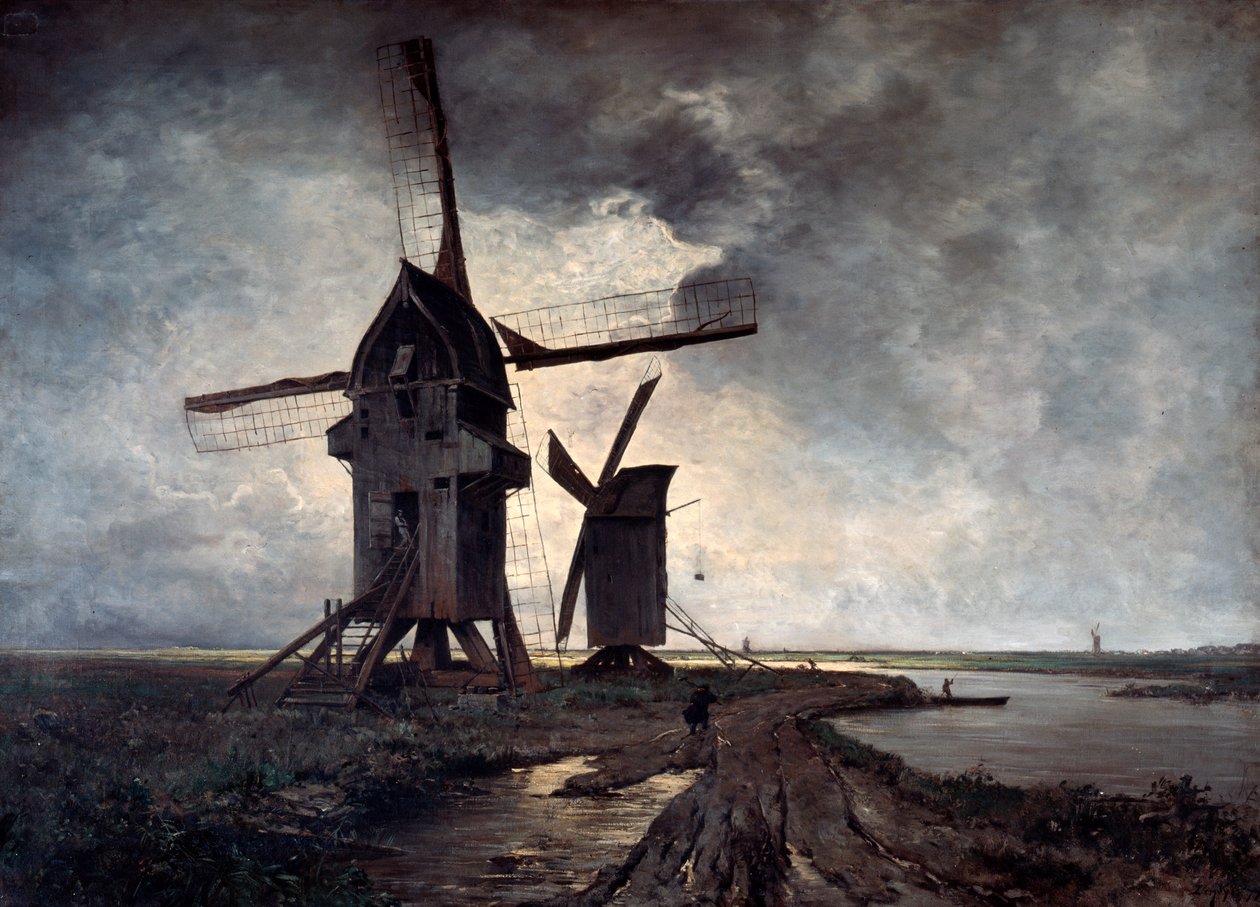 Vindmøller i det omkringliggende landskapet i Lille, 1877. av Emmanuel Lansyer