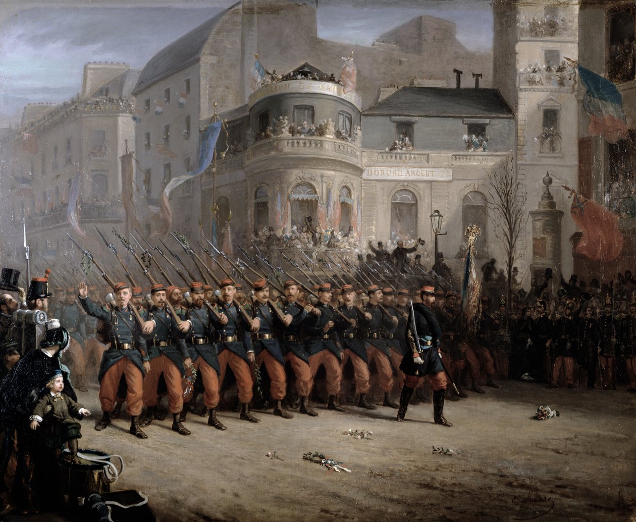 Troppenes retur til Paris fra Krim, Boulevard des Italiens, foran Hannover-paviljongen, desember 1855 av Emmanuel Masse