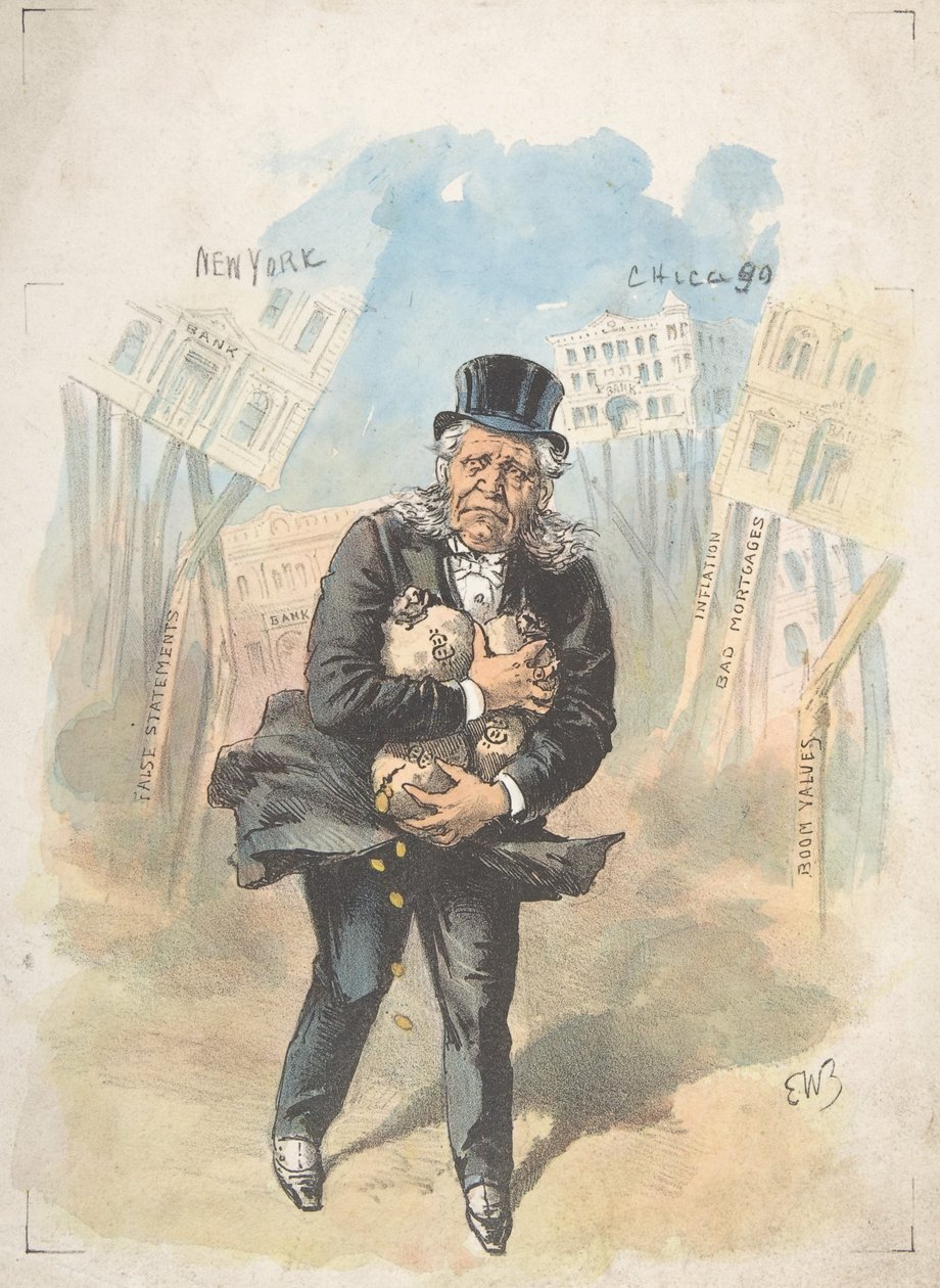 Mann som griper pengesekker mens bankene kollapser, sent på 1800- og begynnelsen av 1900-tallet. av Emmanuel Wyttenbach