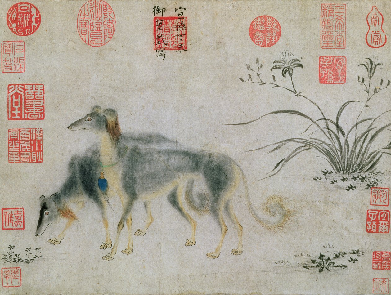 Two Saluki Hounds, 1427 (blekk på papir) av Emperor Hsuan tsung