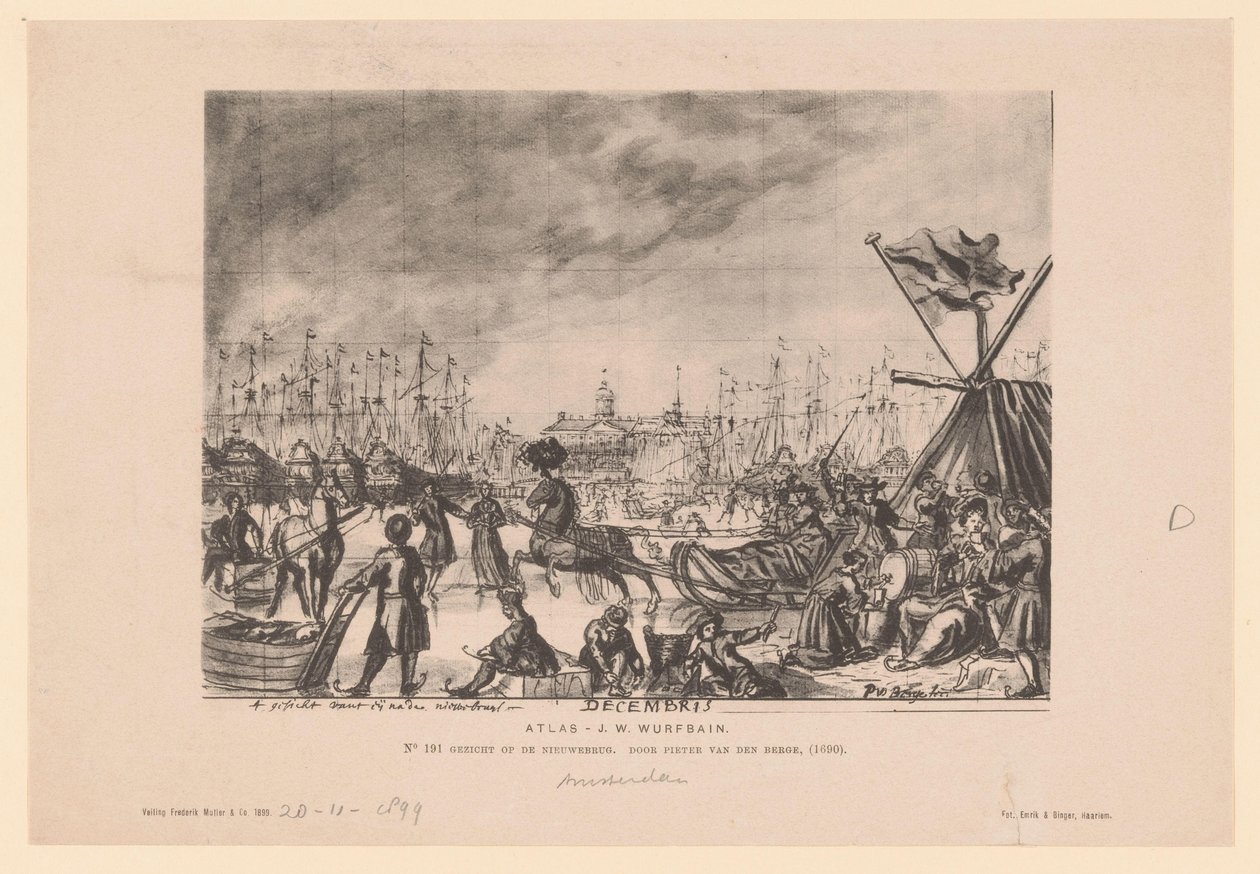 Reproduksjon av en tegning av en utsikt over Nieuwe Brug av Pieter van den Berge av Emrik and Binger
