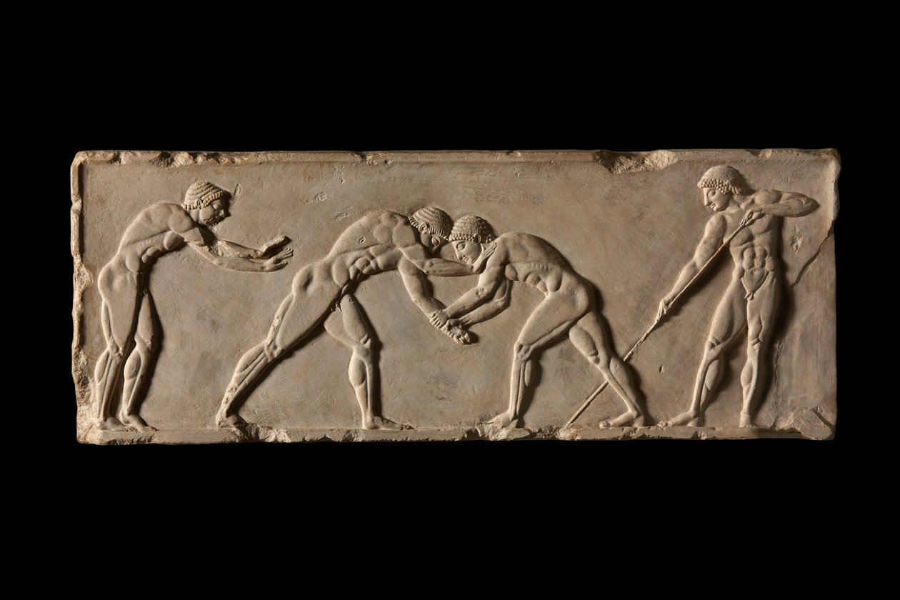 Ballspillerbase, forside. En del av ballspillerbasen til Endoios. Fra Athen, ca 510 f.Kr av Endoeus