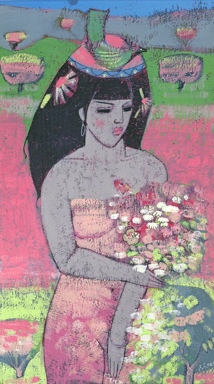 Kledd som Flora (olje om bord) av Endre Roder