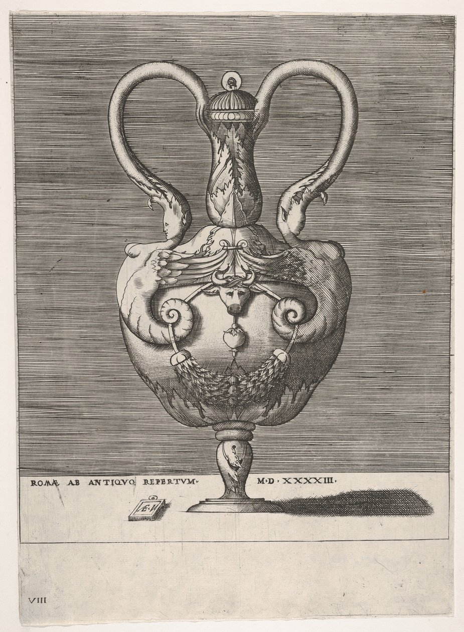 Antik vase med lokk med to håndtak som dukker opp fra Heads of Hybrid Female Sph..., 1543 eller senere. av Enea Vico