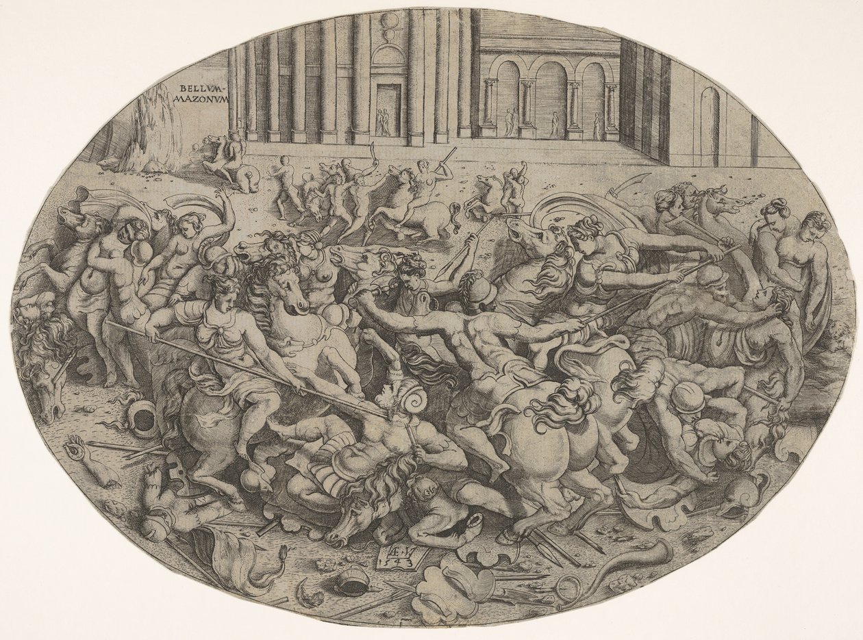 Kamp mellom amasoner og menn foran arkitektoniske arkader, en oval komposisjon med..., 1543. av Enea Vico