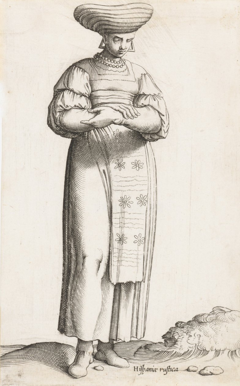 Kostymeplate: Hispania Rustica mul. med etikett på bakken, ca. 1557-58. av Enea Vico