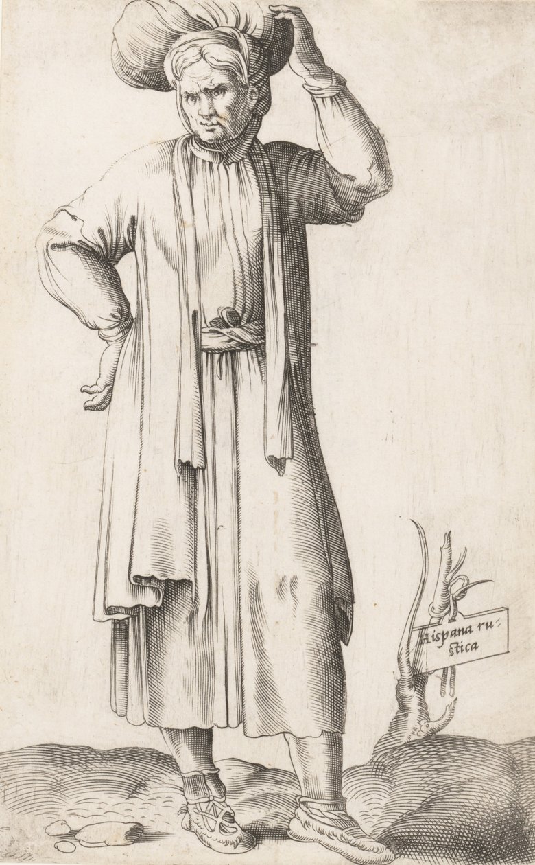 Kostymetallerken: Hispania Rustica med tøy på hodet, ca. 1557-58. av Enea Vico