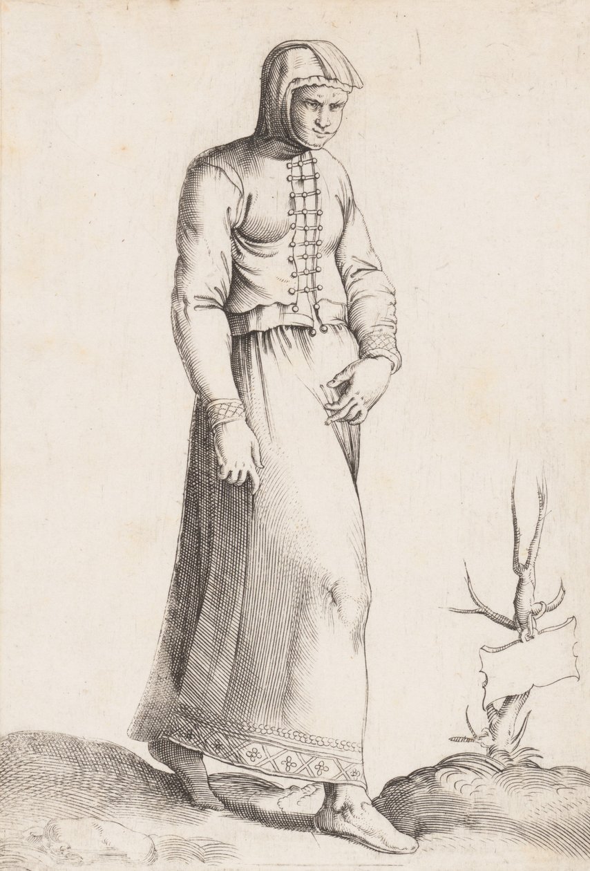 Kostymetallerken: Kvinne med hetteplagg, ca. 1557-58. av Enea Vico