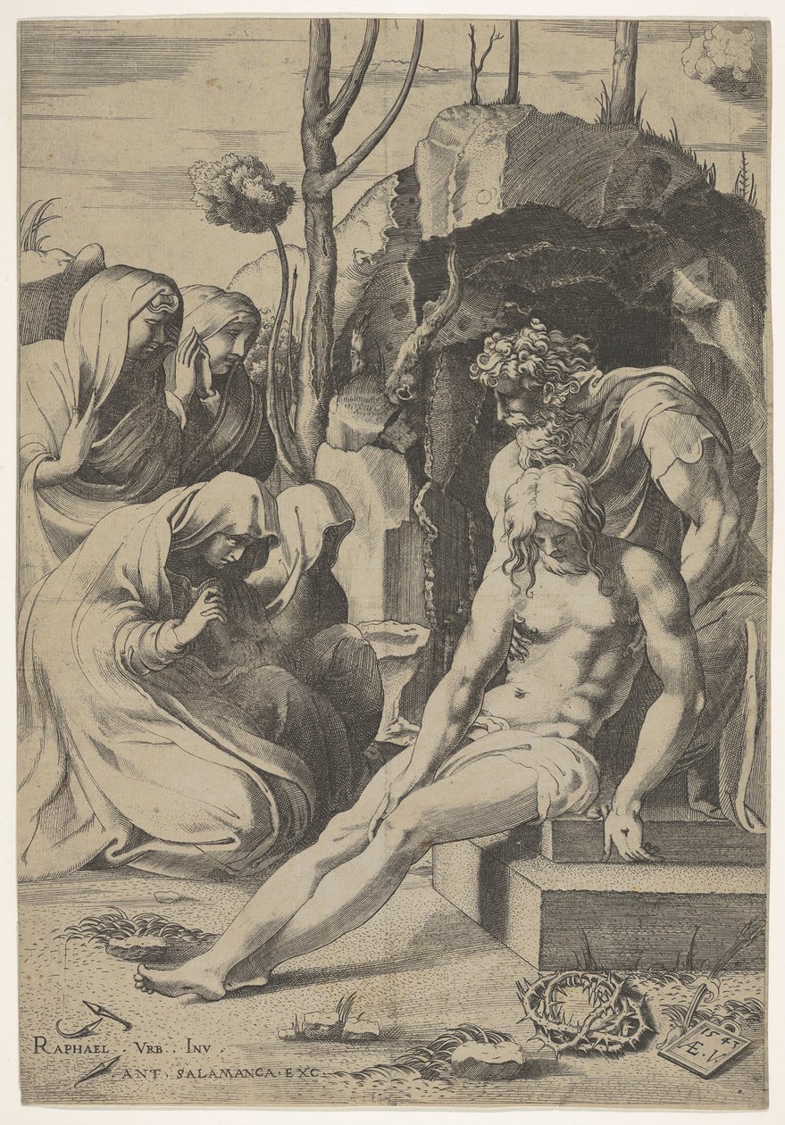 Kristi gravleggelse, hvis bryst er grepet av Josef av Arimathea, med to knelende og..., 1543. av Enea Vico
