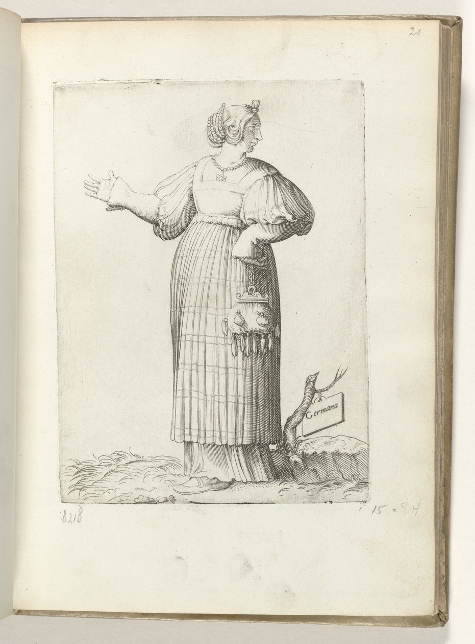 Tysk (tittel på objekt) Vrouw kledd i henhold til tysk modus ca 1550 Holdningene til forskjellige nasjoner i vår tidsalder (serietittel) av Enea Vico