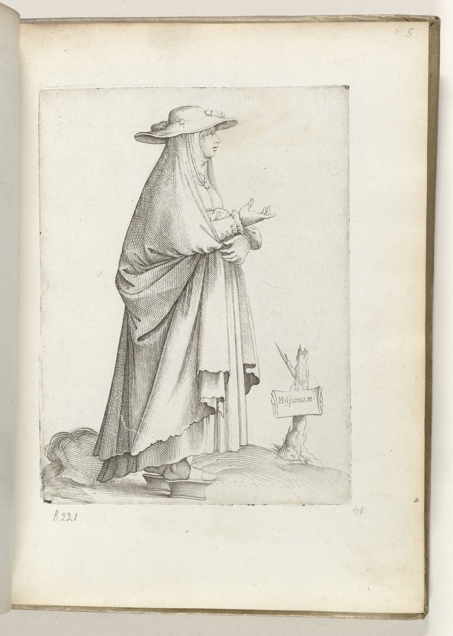 Spansk m(ulier) (tittel på objekt) Vrouw naar rett, i spanske klær. ca. 1550 Holdningene til forskjellige nasjoner i vår tidsalder (serietittel) av Enea Vico