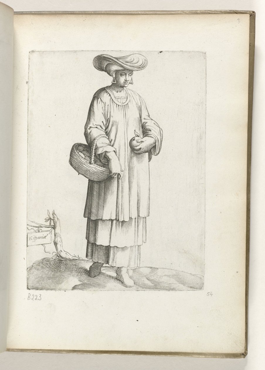 Spania (tittel på objekt) Vrouw met mand i spanske klær. ca. 1550 Holdningene til forskjellige nasjoner i vår tidsalder (serietittel) av Enea Vico