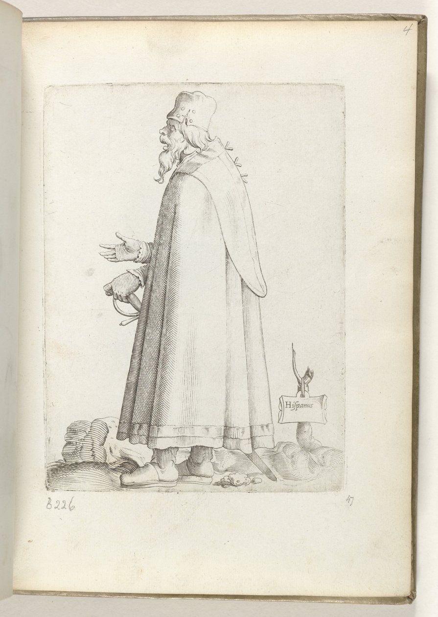 Spansk (tittel på objekt) Oude man, naar links, i spanske klær. ca. 1550 Holdningene til forskjellige nasjoner i vår tidsalder (serietittel) av Enea Vico