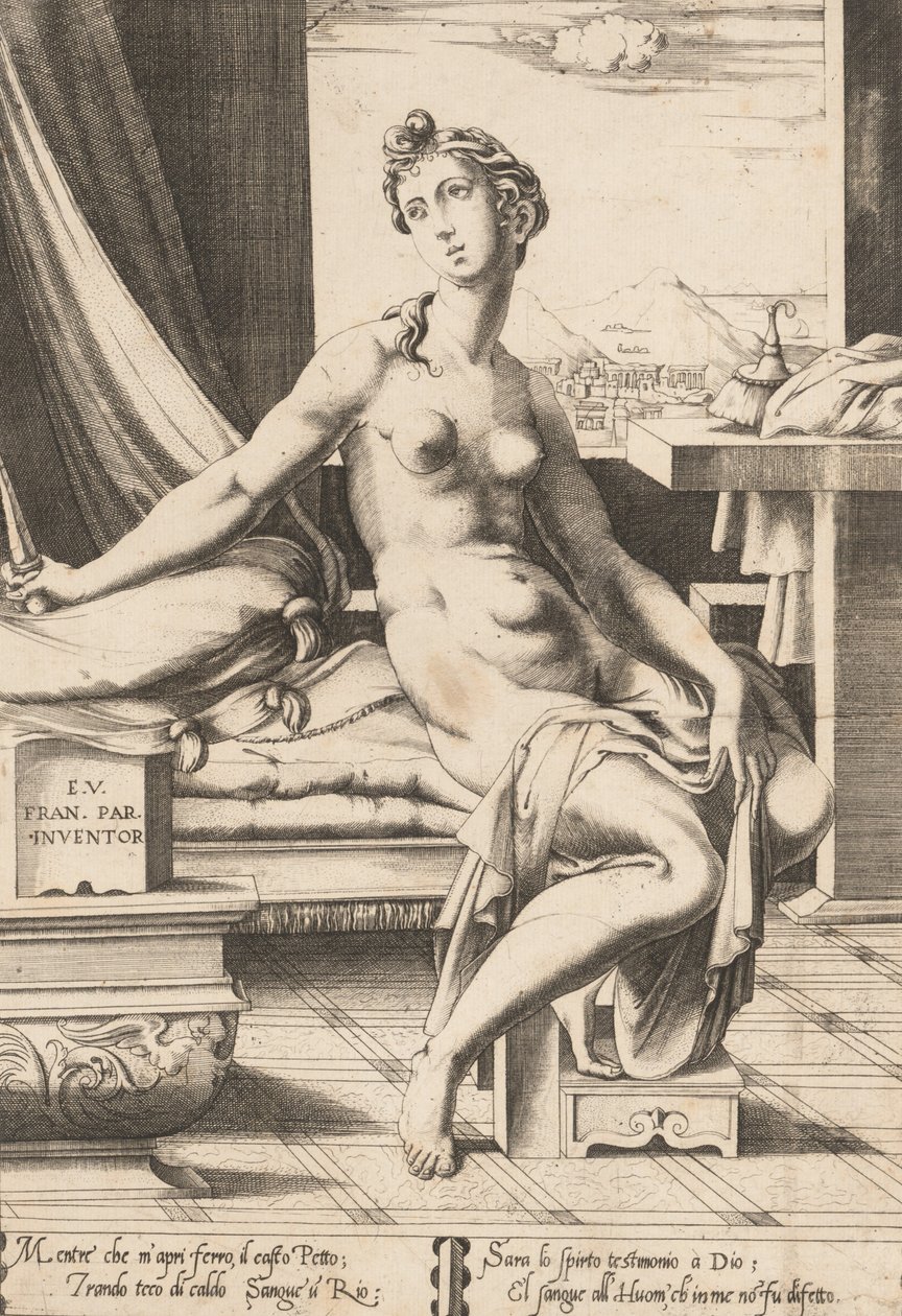 Lucretia forbereder seg på å drepe seg selv, ca. 1542. av Enea Vico