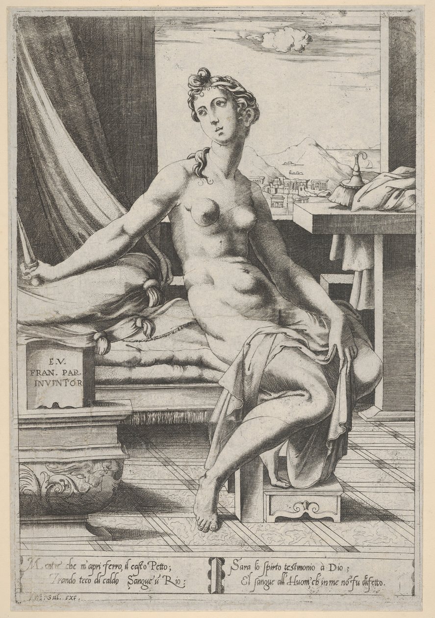 Lucretia naken og sittende foran et vindu, en dolk i høyre hånd og holder d..., ca. 1535-67. av Enea Vico