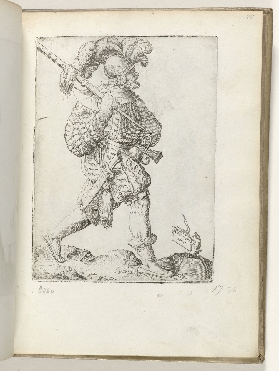 Tysk soldat (tittel på objekt) tysk soldaat, kledd i henhold til modus av ca. 1550 Holdningene til forskjellige nasjoner i vår tidsalder (serietittel) av Enea Vico