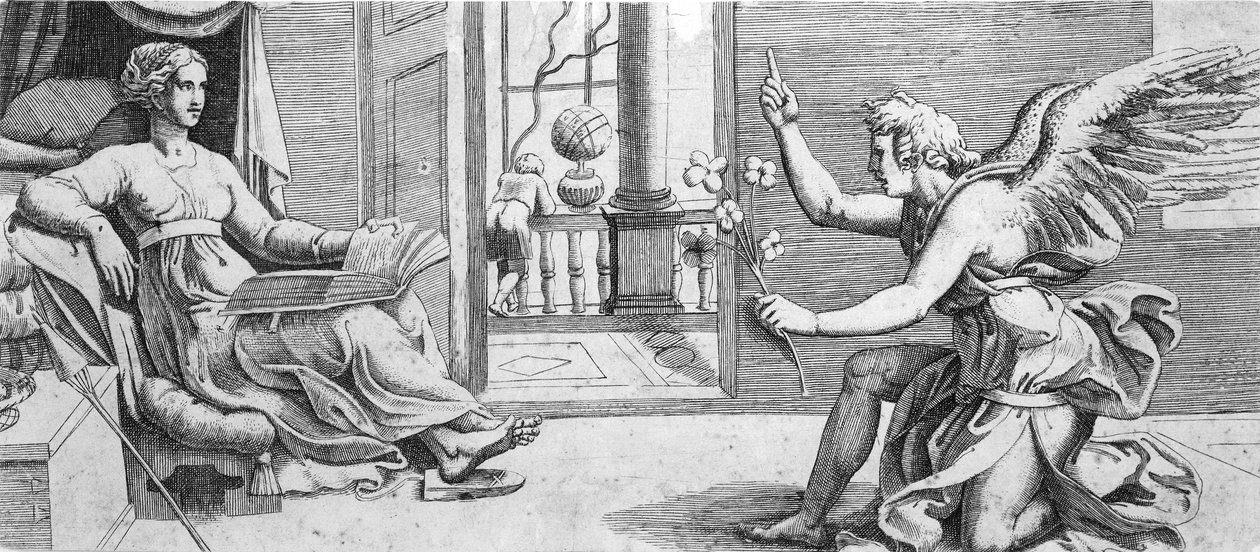 Bebudelsen med knelende engel, ca. 1540-41. av Enea Vico.