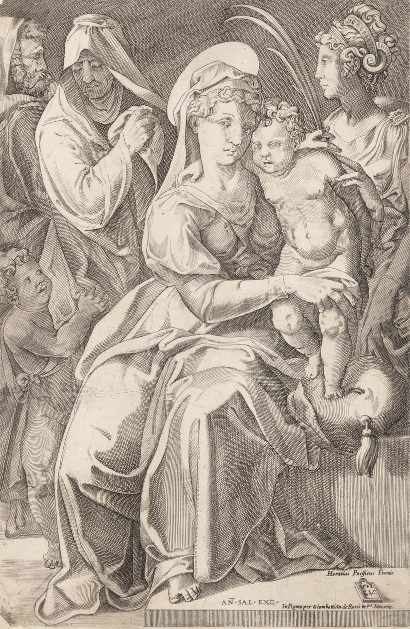 Den hellige familie med St. Anne og St. Catherine, 1542, utgitt 1627-50. av Enea Vico