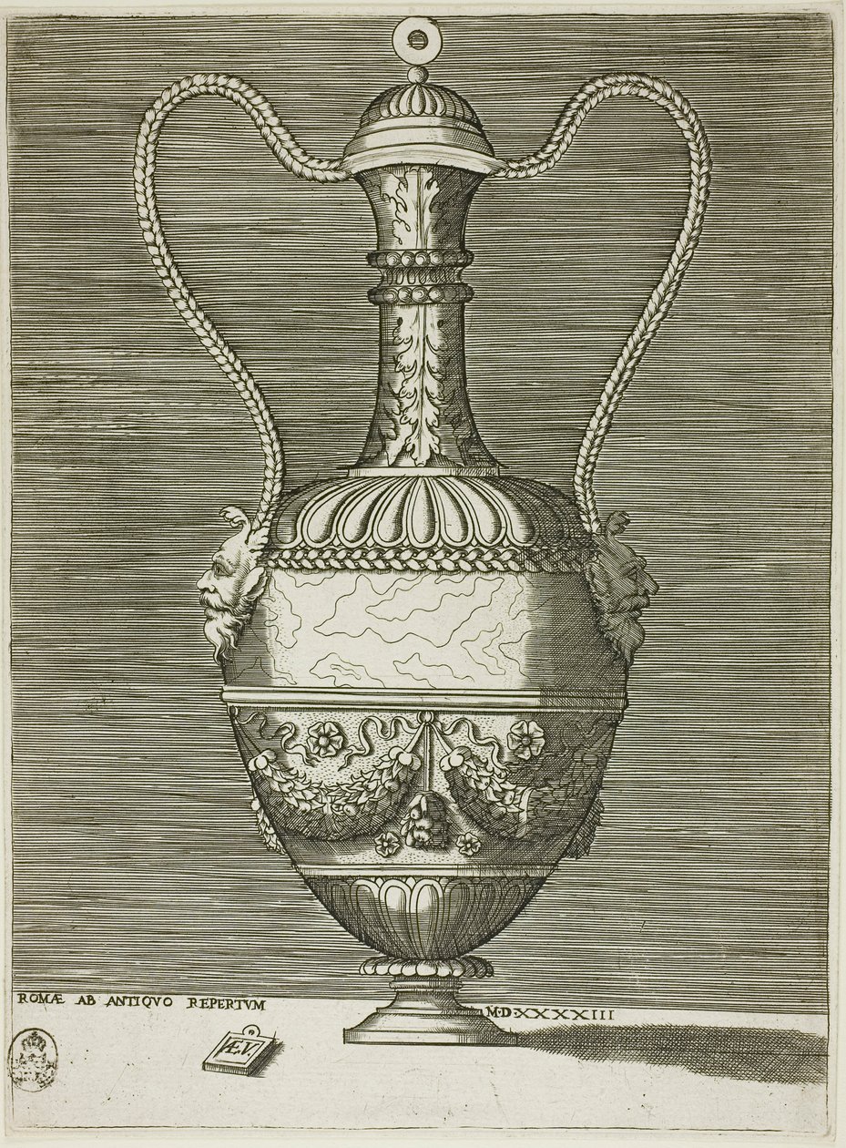 Vase med to groteske masker, plate seks fra A Series of Vases Drawn After the Antique av Enea Vico