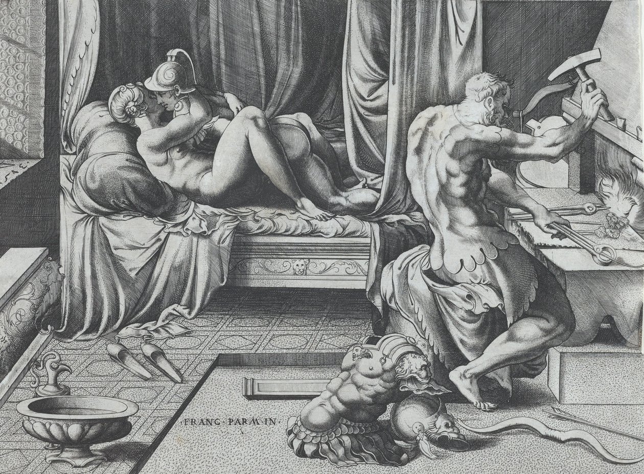 Venus og Mars omfavner som Vulcan Works at His Forge, 1543. av Enea Vico