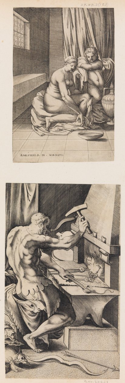 Venus ved toalettet hennes, og Vulcan Working at His Forge, ca. 1546. av Enea Vico