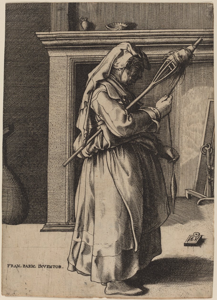 Gammel kvinne med en distaff av Enea Vico after Parmigianino