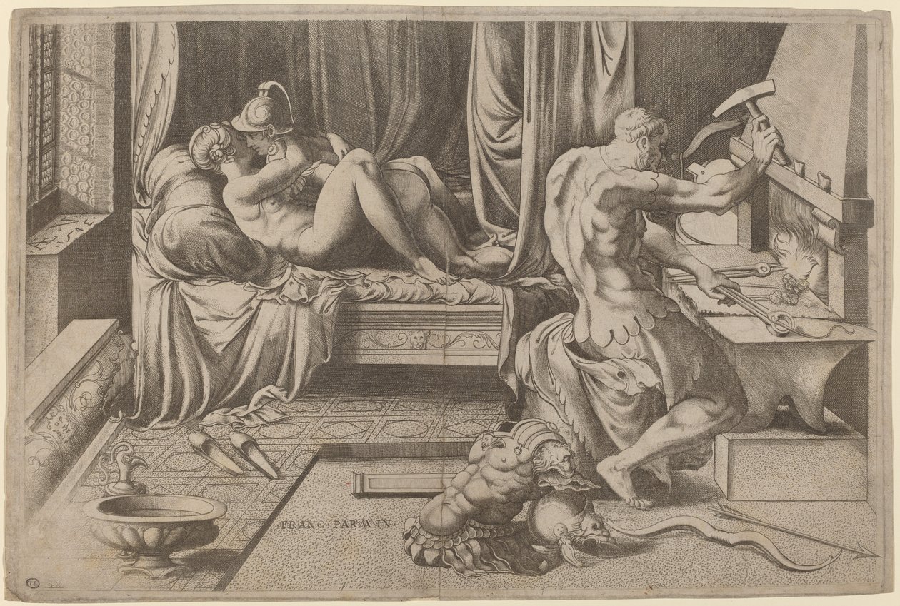 Venus og Mars omfavner Vulcan i smia hans av Enea Vico after Parmigianino
