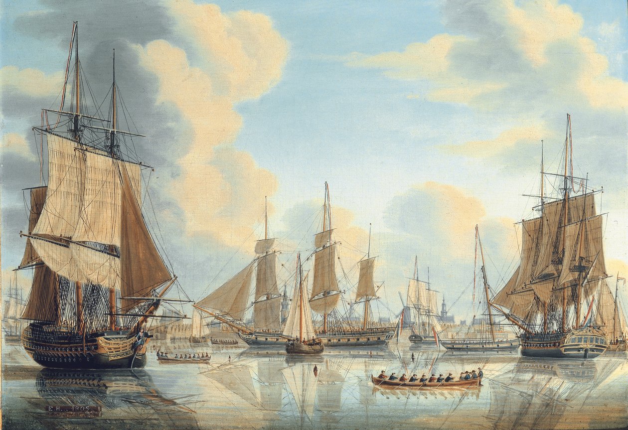 Den bataviske flåten under viseadmiral Carel Hendrik Verhuell ved Flushing av Engel Hoogerheyden