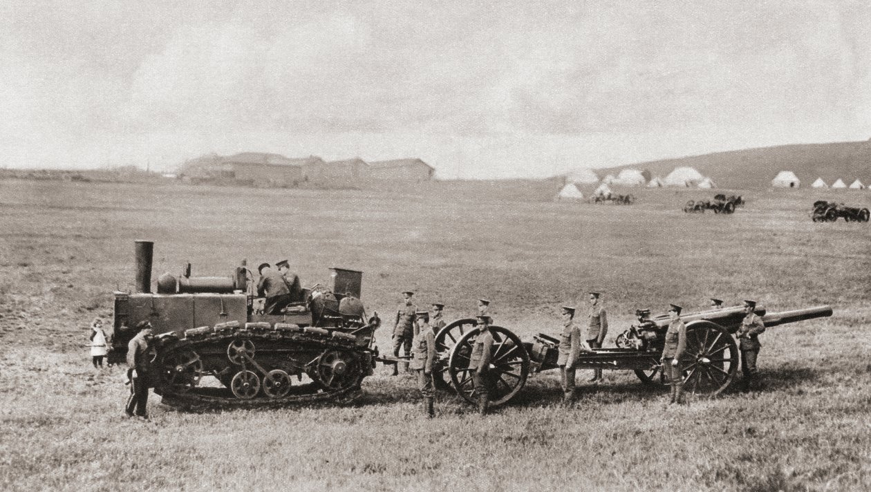 En trekkmotor med larvehjul som tegner en britisk tung pistol under første verdenskrig, fra 