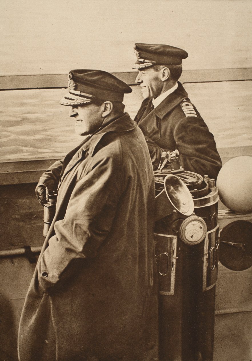 Admiral Beatty, med flaggkaptein Chatfield, ser på overgivelsen av den tyske flåten, 1918 (sepia-bilde) av English Photographer