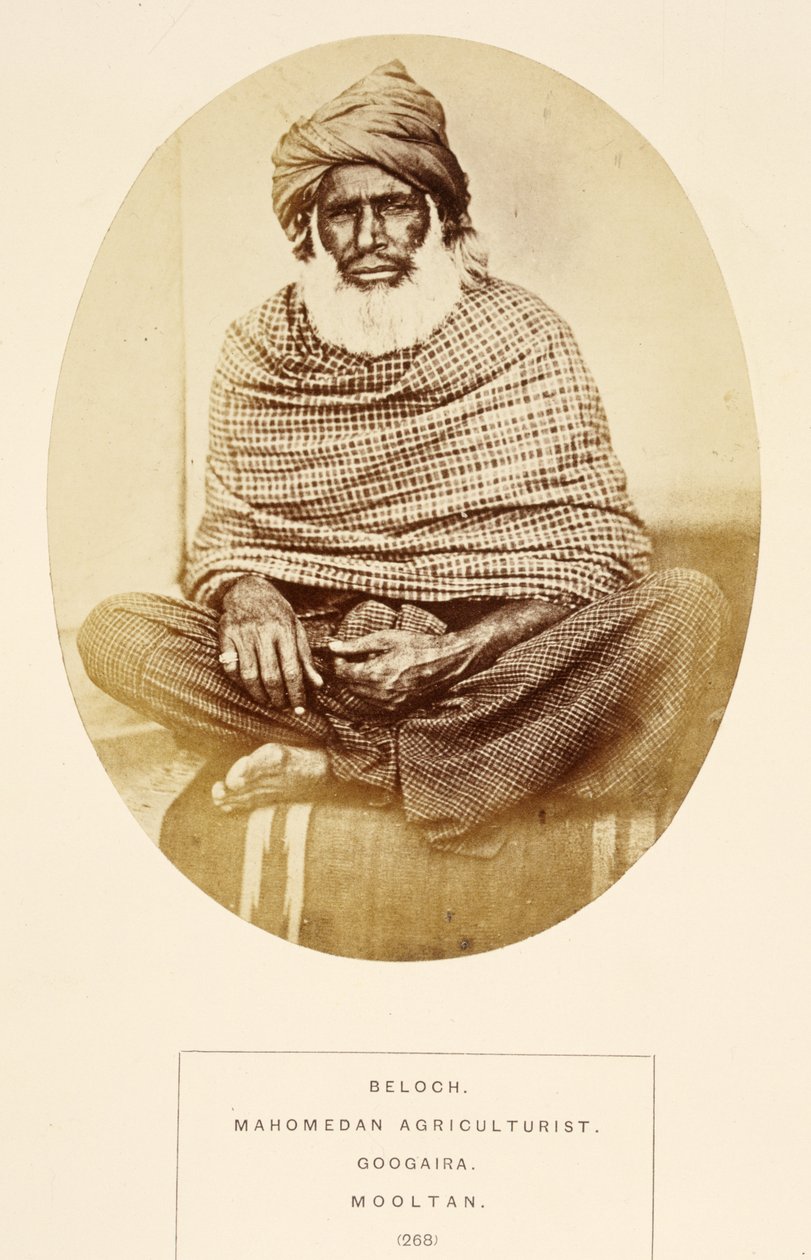 Beloch, Mahomedan Agriculturist, Googaira, Mooltan, fra The People of India, av J. Forbes Watson, utgitt 1868 (albumtrykk) av English Photographer
