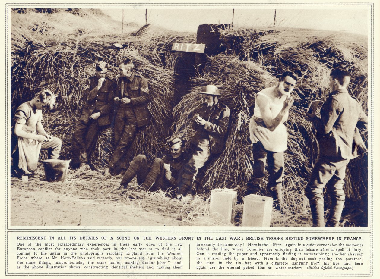 Britiske tropper hviler et sted i Frankrike, fra The Illustrated War News, publisert 1. november 1939 av English Photographer