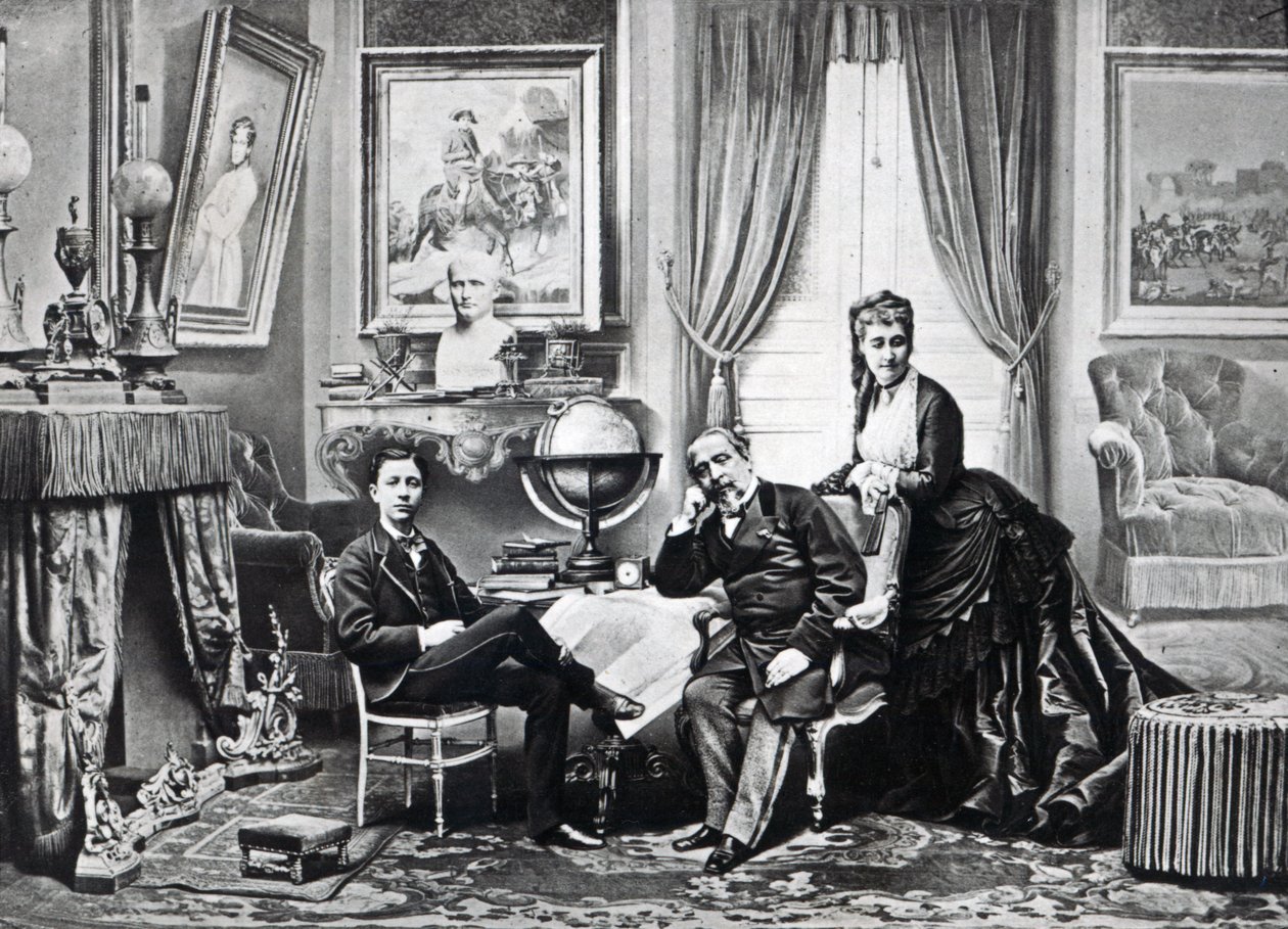 Keiser Napoleon III med keiserinne Eugenie og prinsen Imperial på Camden Place, Chislehurst i 1872 av English Photographer