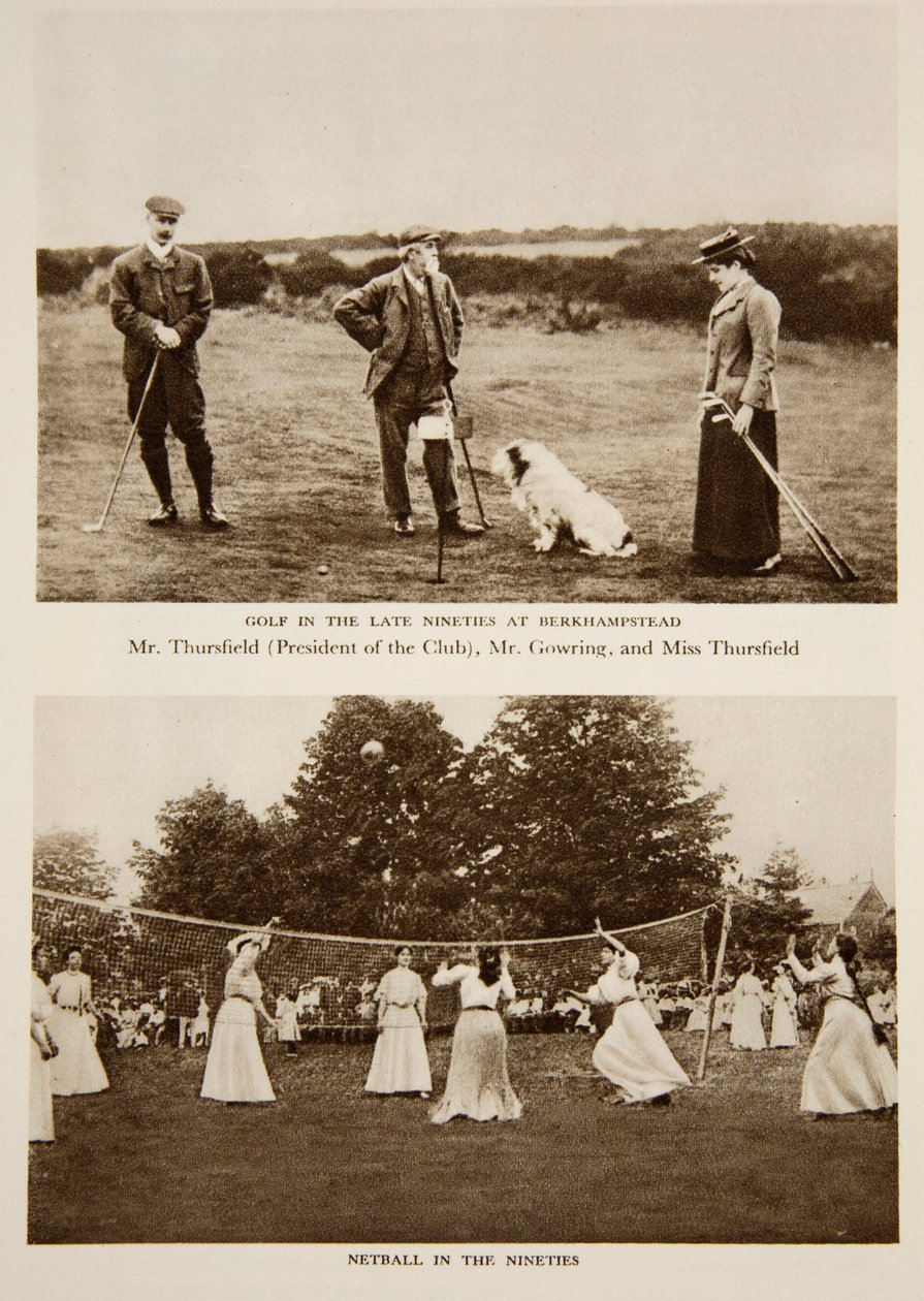Golf på de senere 90-tallet på Berkhampstead og Netball på 90-tallet, fotografier fra The Times fra 1890-tallet (sepia-bilde) av English Photographer