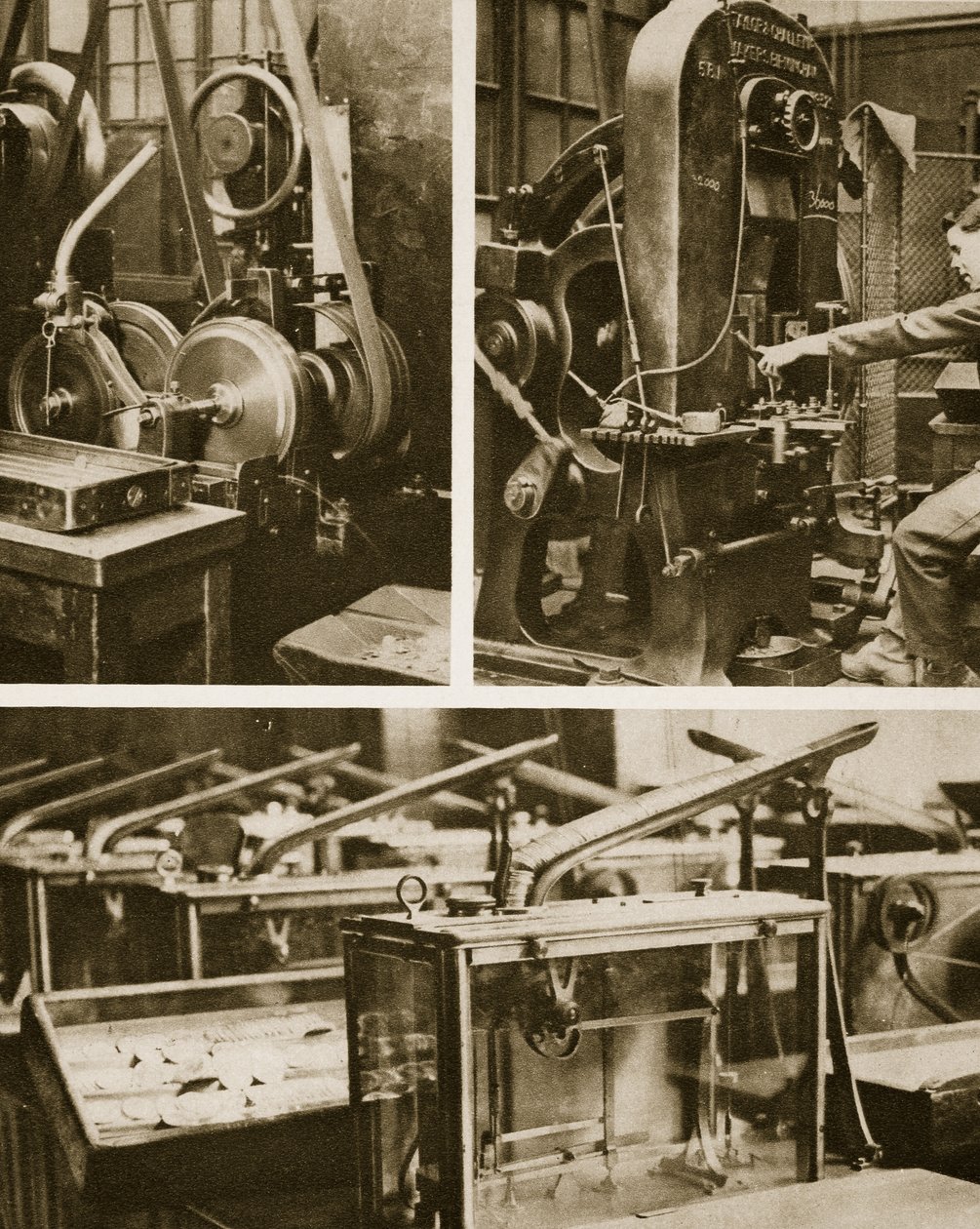 Penger-stempling og fresing av diskene og veiing av de ferdige myntene (sepia-bilde) av English Photographer