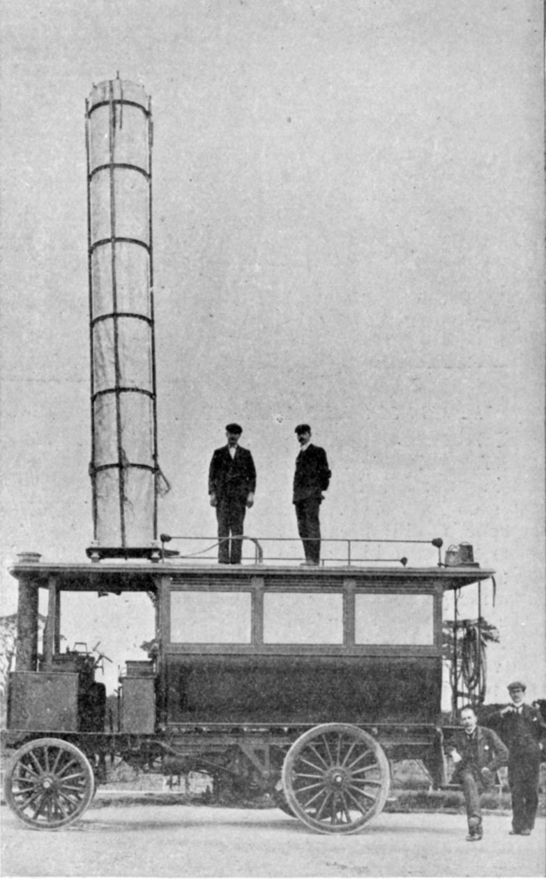 Mr.Marconis Motor Car, utstyrt med trakt for sending og mottak av trådløse telegrammer, illustrasjon fra Kongen, 25. mai 1901 av English Photographer