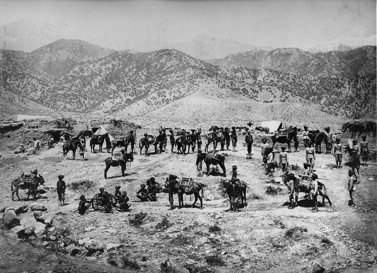 Innfødt fjellbatteri, Punjab Frontier Force i Kuram-dalen, 1878-80 av English Photographer