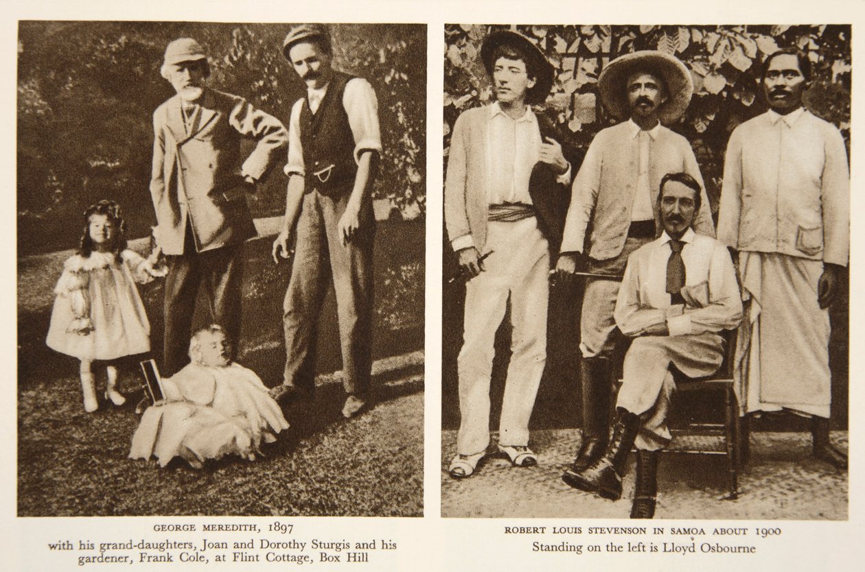 Portretter av George Meredith og Robert Louis Stevenson, fotografier fra The Times, 1890-tallet (sepia-bilde) av English Photographer