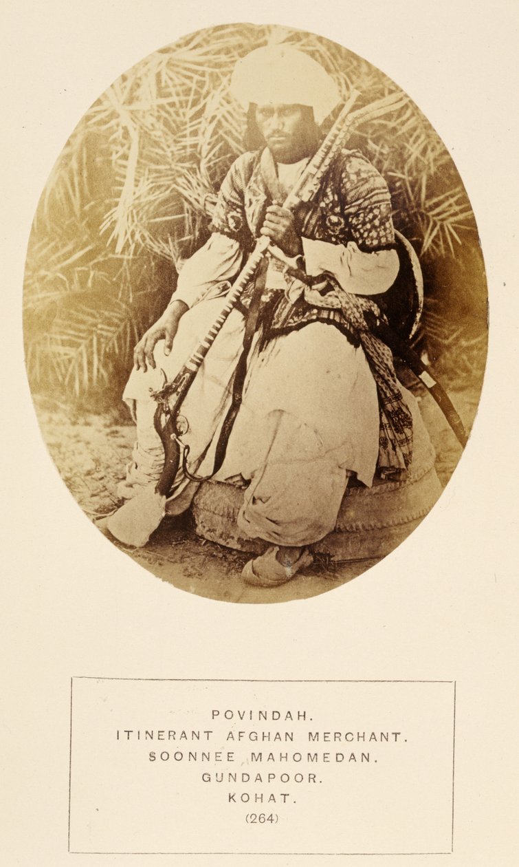 Povindah, omreisende afghansk kjøpmann, Soonnee Mahomedan i Gundapoor, Kohat, fra The People of India, av J. Forbes Watson, utgitt 1868 (albumtrykk) av English Photographer